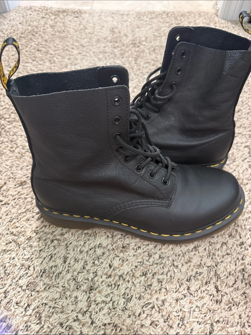 Dr. Martens Men's Black Leather Boots with Yellow Stitching